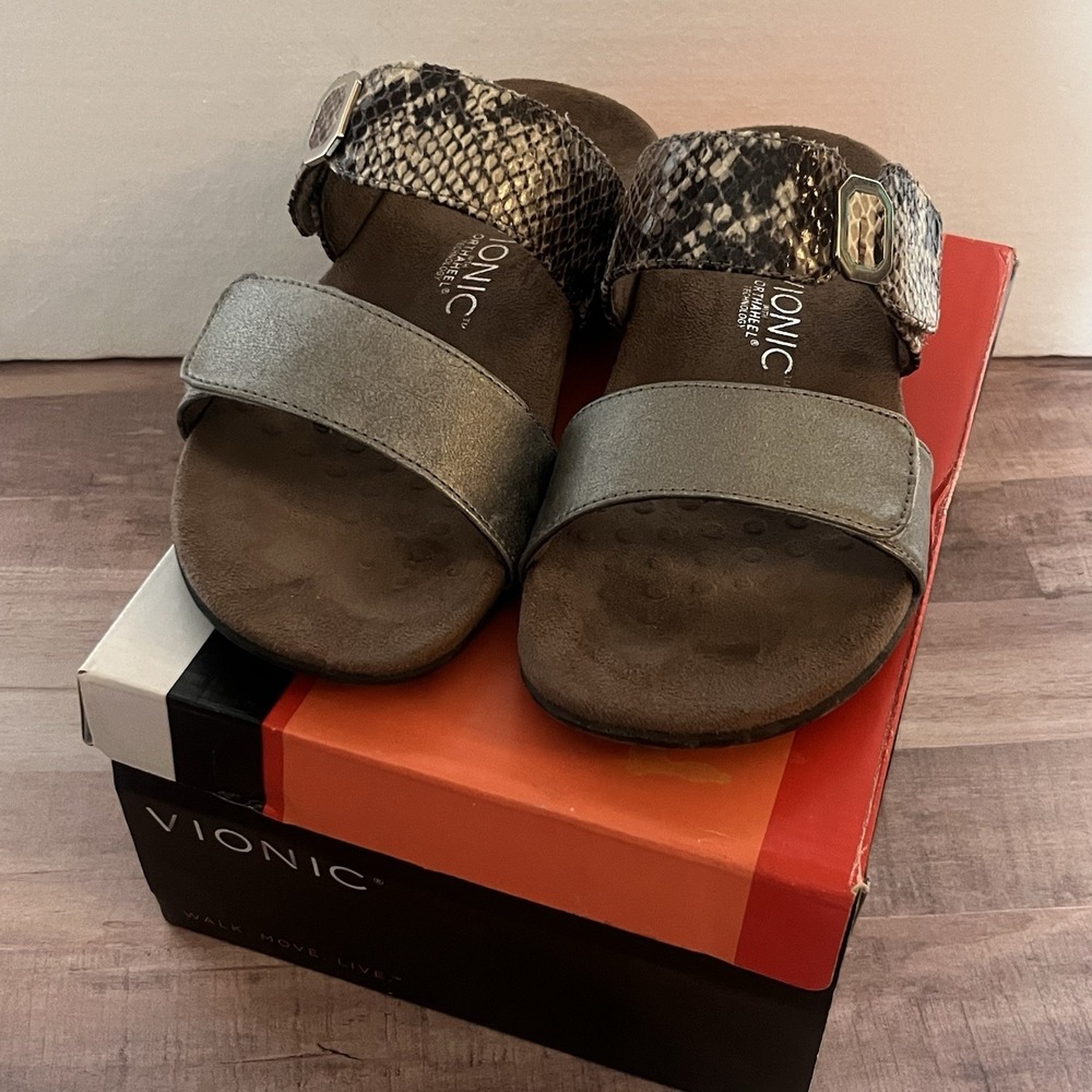 Vionic Camila Ortha Heel Sandals Size 7 Double Strap Snake Print